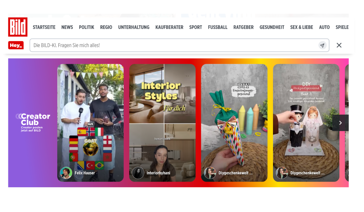 „Creator Club”: BILD integriert Video-Inhalte von Creatorn